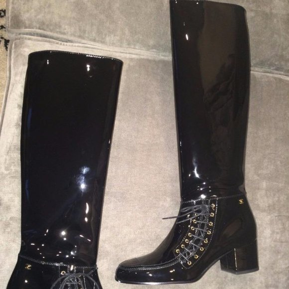 CHANEL Shoes - CHANEL 15A Patent Calf Leather Knee High Tall Lace Up Boots Shoes